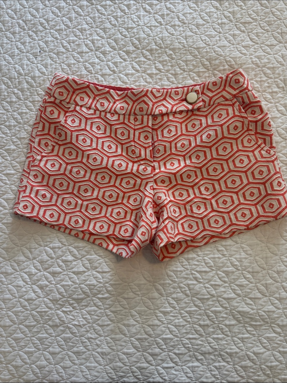 Trina Turk Coral and White Geo High-Waist Shorts